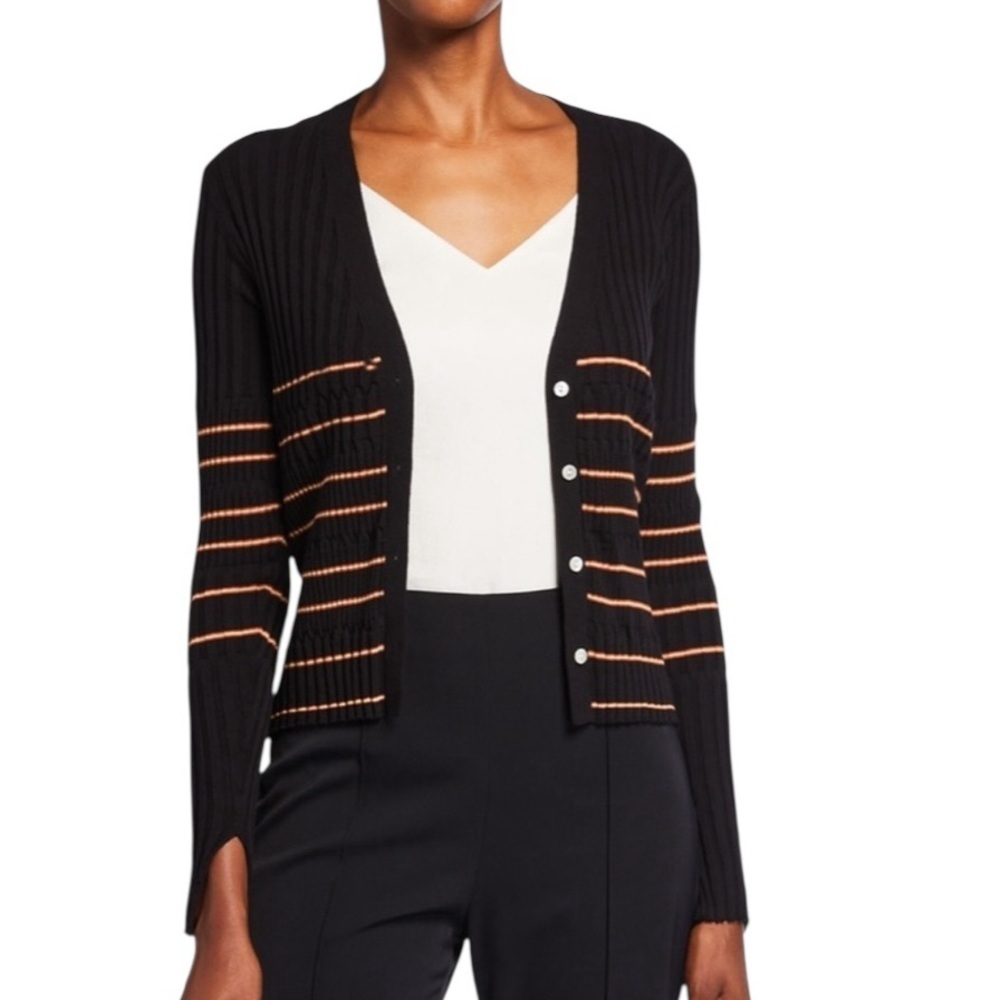 JONATHAN SIMKHAI 100% Cotton Lilliana Striped Rib Knit Cardigan Black Size XL